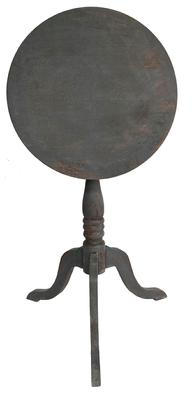 E700  Late 19th century walnut candle stand, round tilt top resting on a banster turnded pedestal on a tri pod legs, which is dovetailed into the base of the pedestal. .Retaining old grey  paint Measurements are:19" diameter x 28"