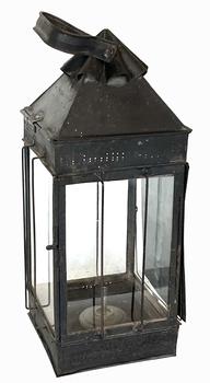 *SOLD* K120 19th century Tin Lantern with rare-style adjustable hinged reflector panel. Four glass panels, with one being in a hinged door for access to interior. A hinged, adjustable reflector panel is attached to the back. Thick wires attached vertically to fronts of three glass panels are for protection of fingers/hands from hot glass. Fluted vent cover at top with attached shaped tin handle with nicely rolled edges for hanging / carrying purposes. Measurements: 6 ¼ square base x 18 tall with handle up (15 ½ tall with handle down)  