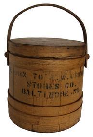 C162 Early 20th century Firkin for J. W. Crook store Baltimore Maryland The Store the corner building , J.W. Crook Grocery on Edmundson St in Baltimore, Maryland.