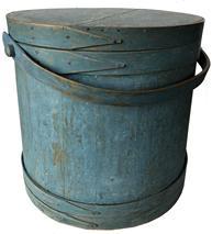 E90 19th century Covered Wooden Firkin, in the original dry blue paint, tongue and groove softwood staved sides, tapered lap joint wooden bands
