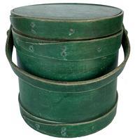 F237 19th century New England original dry green painted Wooden Firkin, tongue and groove softwood staved sides, tapered lap joint wood bands