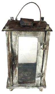 K1504 19th century original oyster white painted wooden Lantern featuring four bubbled glass panels contained within a wooden pinned and post construction frame with decorative chamfered edges on each corner post. The top is covered in sheet metal with a hooded hole for ventilation. Circa mid-1800s.