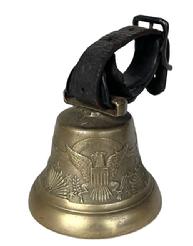 RM1571 Rare 1850s  1860s era US Army-issued brass Camel Bell that was used by the US Cavalry in a little-known U.S. Army Camel Corps experiment which began just prior to the Civil War. There are three raised design Federal Eagles with shields, arrows, olive leaf branches and stars embossed around the circumference of the bells exterior. The iron ball ringer remains intact inside. The original thick leather strap remains intact on top.  This is the larger of the three sized bells known to exist during this experiment. Measurements: 5 ¾ bottom diameter x 5 tall  including the brass strap loop, but not including the leather strap. 