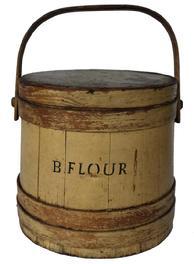 B409 19th century Firkin with the word Flour, with original mustard paint with black letting stave constructed bucket "B. Flour". Lid and swing handle