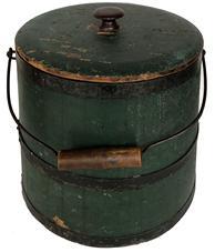 E583 Mid 19th century, Surgar Bucket with the original beautiful dry green paint, lidded wooden sugar Bucket , With iron hoops, wire bail, iron bail ,tongue and groove softwood staved sides,