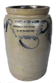 B385 Philadelphia Advertising Jar attributed to the Remmey Pottery, Philadelphia, PA, circa 1870. It has straight-sides, Impressed with the advertising "HOPKINS & M'ELVENEY. / No. 612 MARKET ST." Advertising is highlighted in cobalt and surrounded by cobalt brushwork