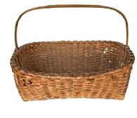 M80 Late 19th century New England hand woven splint Gathering Basket with notched, steamed and bent handle Measurements: 12 x 11 ¼ x 3 ½ 4 tall sides x ~8 ¾ all including handle.