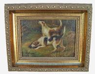 U57 Oil on board of two Hunting Dogs, signed by Artist ( R. Mario) replaced frame great small size 10 1/4" long x 8 1/4" tall