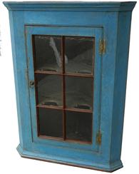 W274 18th century Lancaster County Pennsylvania , original blue and red paint, dovetailed case, beautiful scalloped interior shelves, with all rose head nails, circa 1780