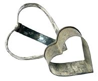 K1879B  Two heart shaped Tin Cookie Cutters with nicely rolled edges and secure solder joints. The larger heart with handle measures 3 1/2" x 3 1/2" x 2 5/8" tall at handle and the other measures 2 1/2" x 2 1/2" x 1 1/2" thick.  