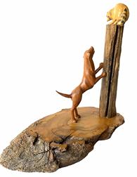 RM1327 Very unique, signed, Folk Art hunting scene depicting a Coon Dog treeing a Raccoon. High quality hand-carved Coon dog and Raccoon. Base is made from an angular/crosscut piece of raw-edge wood. Raccoon features painted facial and tail accents and the entire piece is coated with a very light coat of what appears to be either shellac or polyurethane. Signed on bottom, �Manis�.  Unusual piece of hunting related folk art! Measurements: base is 8" x 4" oval - overall height is 8 5/8" tall.