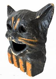 H1026 Halloween Black Cat on a Fence Paper Mache or �Pulp� Lantern / Candy Container � circa 1930s-1940s.