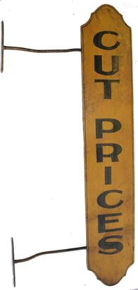 **SOLD** C337 19th century Texas Painted Goldthwaite trade sign, two sided ca. 1880 -1890 painted on one board, with painted black letters on a yellow back ground , double sided, surmounted by a painted black, pinstripe and wrought iron hanging mechanism. 