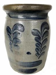 H985 Cobalt Blue decorated Pennsylvania Stoneware TABLETOP BUTTER CHURN Crock. Circa 1860.   Measurements are 9 ½ tall x 6 ½ wide.  