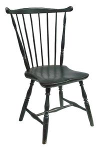 X343  New England Fan Back Windsor Chair, early black paint over original red,  6 spindles forming Fan support. Sausages turned legs joined by H stretcher support the seat, circa 1790 -1810 .