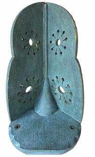 RM1395 � Early original blue painted wooden wall mounted saddle tree /rack. Decorative molded edges and circular cut outs for airflow. Very sturdy. Measurements: 16� deep x 10 ¾� wide x 10� tall 