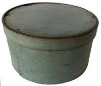 F205 Pantry box - thick steamed and bent walls with tiny square nails and tack construction  in a light blue/green paint.  Measurements: 10 1/2" diameter x 5 1/2" tall