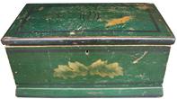 W390 19th century New England painted decorated  storage box; with gold leaf decoration on a green background with black pin striping ,applied molding. The interior  is natural patina, with original hardware  .12 1/2? wide x 5 1/2? tall 7? deep