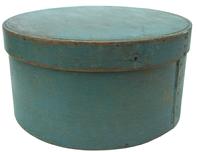 W509 This is an exceptional pantry boxes , wood pegged, wonderful original Blue painted surface, Paint is original, heavy and tight and sturdy, usual wear. 10 3/4" diameter x 5 1/2" tall