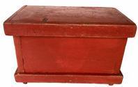 G329 Diminutive late 19th century Blanket Chest, in the original tomato red paint, the Chest is resting on small mortised feet , with it's original hardware nailed construction