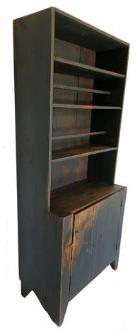 G291 Southern 19th century Cumberland County North Carolina open top Pewter Cupboard with original blue paint, . circa 1850-1870 Open top with with plate rail over a single baton door with high cut out feet , nice and clean interior