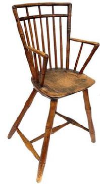 F517 Early 19th century Birdcage Windsor highchair, ca. 1820, with bamboo turnings. In old surface well worn