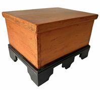 RM1373 Late 19th Century diminutive Lancaster Co, Pennsylvania Blanket Chest, bold pumpkin paint with a gorgeous black painted bracket base. Circa 1880, white pine wood with wire nailed construction. Measurements: 9� wide x 8� deep x 6� tall 