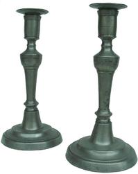 **SOLD** X213 A pair of 18th Century pewter candlesticks with removable drip tray  10 1/2" tall (stamped on  base C F)