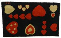 X42 Early 20th Century American  Hooked Heart Rug, (red, white, and blue) with seventeen hearts on a  blue  back ground, stretched on frame,from a private collection in Ohio, excellent condition   Measurements are 23 1/4" x 38 1/2" 