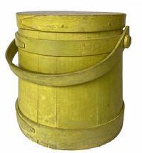 **SOLD** G844 19th century American painted treen sugar bucket / firkin in beautiful chrome-yellow painted surface. Covered bucket with coopered staves, lapped bentwood bands and bail handle. Measurements: 10" tall (to cover) x 9" diameter (cover).
