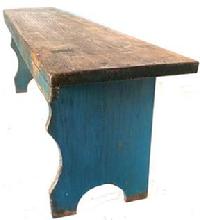 *SOLD* F464  19th century Pennsylvania Wash Bench, with beautiful dry blue paint, this bench is double  mortised  the feet are beautifully shaped and affixed to the top by way of a double mortise. the skirt is attached with cut nails  .Circa 1850 