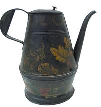 W359 Late 18th century painted and decorated Toleware Coffee Pot A tapering cylindrical body with  hinged lid, strap handle and curved spout and black-painted body embellished with floral decoration circa 1820