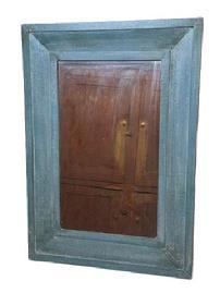 G116 19th century ogee wood framed Looking Glass with the original old blue paint in great condition. Circa 1850. Overall Measurements are 19 ½ wide x 1 thick x 27 ½ tall. Frame is 4 wide.