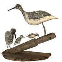 F44 Shore Birds from Eastern Shore, Virginia. Group of Shore Birds mounted on an old boat oar handle and part of an old bushel basket bottom. Very unique.