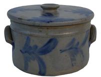 U185 Cobalt-Decorated Stoneware Cake Crock with Lid, Baltimore, MD origin, circa 1875,  applied handles, decorated front and back with a brushed cobalt floral design. Includes lid,which is decorated with the same floral design, . H (of crock) 7 " Diameter (of crock) 10 ".