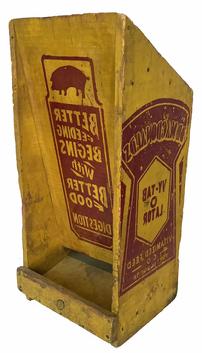 B613 Early 20th century Dr. Macdonald's Vitamized Feed Co., Inc. Store Display : In beautiful dry original paint of mustard and red. Dr. Macdonald's are the originators and manufacturers of Vy-Tab-O-Lator. Famous since 1919, proven in the show ring and in the feedlots of America's most successful livestock producers - Marked "Dr. McDonalds Vitamized Feed Co- Ft. Dodge IA". Rare find in very good overall condition. Neat piece of early farm advertising. , use in a Country Store display and would make a neat addition to any collection.. Measurements 28" tall x 13 wide x 11 1/2" deep