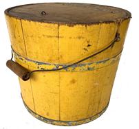 G413  Late 19th Century  Bucket with beautiful yellow paint, # 20  Mince Meat Yellow Wood Bucket With iron hoops, wire bail,  ,tongue and groove softwood staved sides, tapered lap joint turned handle. original yellow paint, from a private collection  9 1/2" tall x 11" diameter top