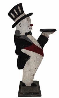 G892 Vintage 1930s "Mr. Jiggs" Folk Art wooden ashtray butler. The name "Jiggs" came from the Butler in a popular comic strip during the time period. He retains his trademark top hat and shoes. He measures 36" tall x 3/4" thick x 17" deep at widest point. The base is 9 1/2" x 9 3/4".