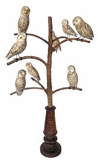 **SOLD** H206 20th Century Folk Art Owl Tree, with eight white beautiful polychrome painted and hand carved wooden Owl resting on steamed and bent branches in a colorful base