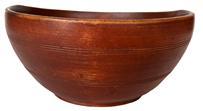 H97 Wonderful New England wooden bowl, hand turned bowl is out of round footed in the original red painted surface strong evidence of slow lathe turning,, and resting on raised foot. 