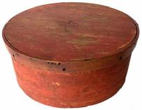 G612 Historic Late 18th Century Military Wooden Drum , cut down and repurposed into a Pantry Box probably post Civil War when no longer needed. The Box retains a strong bittersweet red paint with brass tacks and Rose-head nails. The purpose of the holes around the lid is where the head of the drum was held together with ropes.