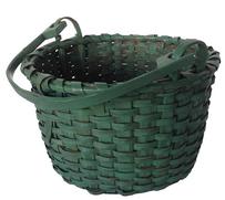 A162 19th century wonderful original green painted hickory splint swag handle Basket from the collection of Prof. Charles Thomas in Leymaster Pennsylvania. This wonderful original green painted Basket has a single wrapped rim, , the handle is steamed and bent and hand carved,