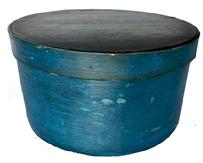 G670 19th century original blue painted pantry box with steamed and bent sides secured with tiny wooden pegs and tacks. Great natural patina inside. Very sturdy. Measurements: 10� diameter x 5 ½� tall