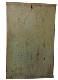 A114 Dough Board with wonderful original light green painted surface on one side and old natural patina on the reverse side. One board with applied breadboard ends secured with square head nails and a hole for hanging. Measurements: 19 ½ wide x 7/8 thick x 30 tall  