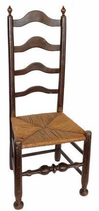 G402 Fantastic Delaware Valley 18th Century, arched slat back side chair in early old surface with old woven rush-type seat. Chair retains nicely turned finials on top, as well as its original ball feet and boasts bold ball turnings on the front rung. Circa 1750 - 1790.
