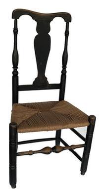 E329 Early 18th century New England Banister Back Chair, 19th century black paint , replaced rush seat, robust turnings circa 1740