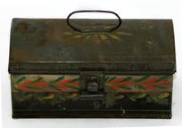 V65 19th century small paint decorated Toleware Box , with wonderful mustard and green and red decorations, it is all original with no paint touch ups Measurements are:7" wide x 3 1/2" tall x 3" deep