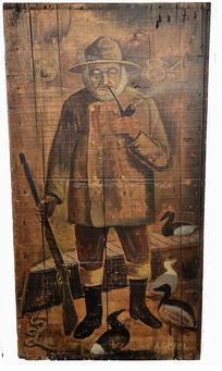 **SOLD** K1806 Folk Art oil painting by Arthur E. Glazier (East Berlin, Pennsylvania, 1928-2015) depicting a hunter in his foul weather gear holding his gun and lit pipe with decoys and a wooden boat by his feet. The date 1884 is painted in the background. This wonderful artwork is hand painted on a reclaimed wooden typeset tray and is prominently signed A. Glazier in the bottom right corner. This painting was from Mr. Glaziers private collection. Measurements:  17 wide x 1 3/8 thick x 32 ¼ tall. 