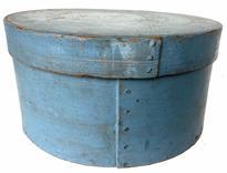 G854 Original Blue Painted Round Wooden Pantry Box in excellent old robin egg blue paint. Thick-walled, steamed and bentwood construction secured with tacks and wooden-pin