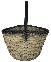 D513 Eastern Shore Maryland gathering basket with white and soldier blue paint. Overall height of the basket is 19" to top of the handle. Woven part of the basket is gracefully tapered